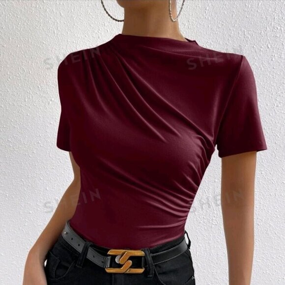 SHEIN Prive` Ruched Mock Neck Tee - Picture 3 of 7